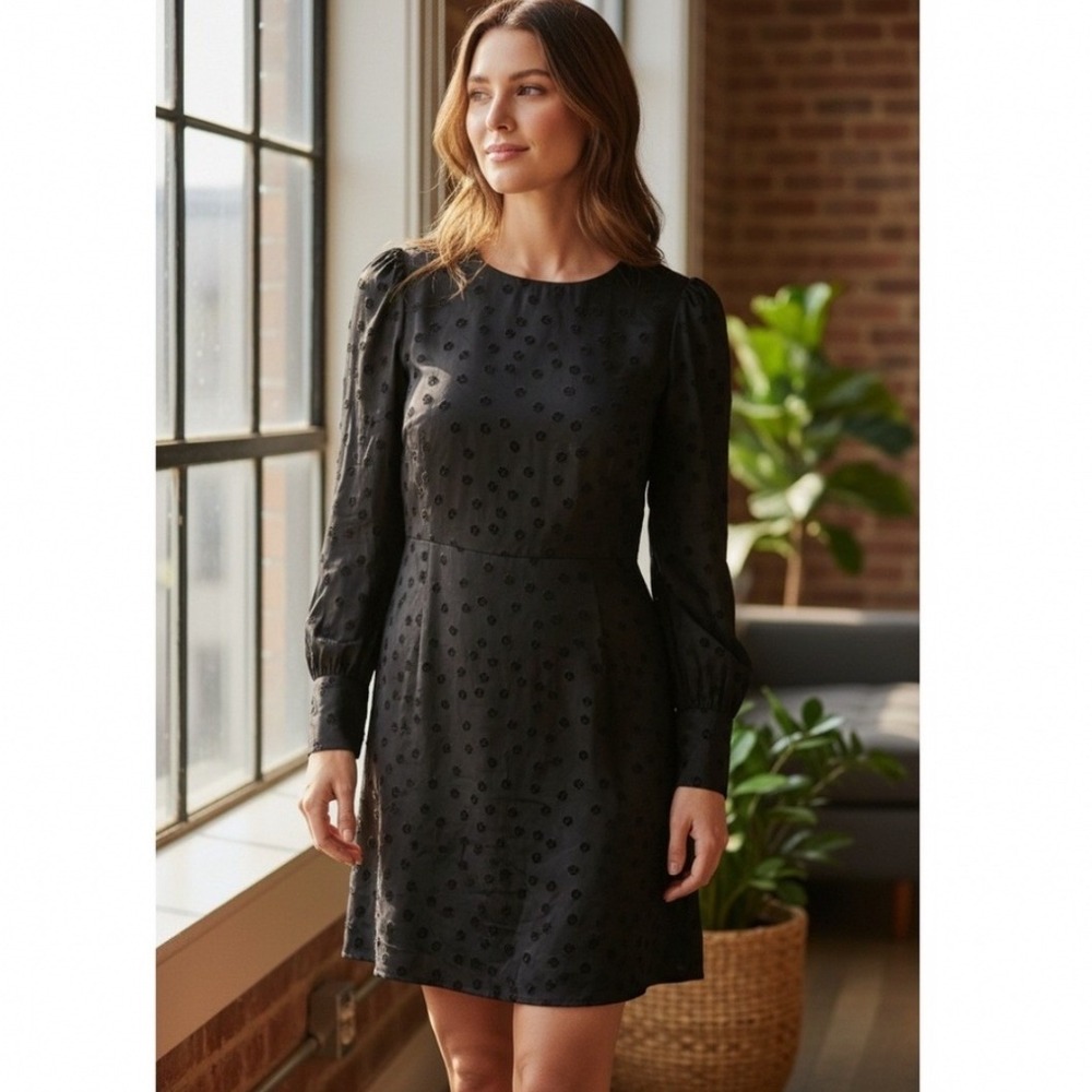 J.Crew Black Jacquard Polka Dot Long Sleeve Shift Dress AR644 Size 8